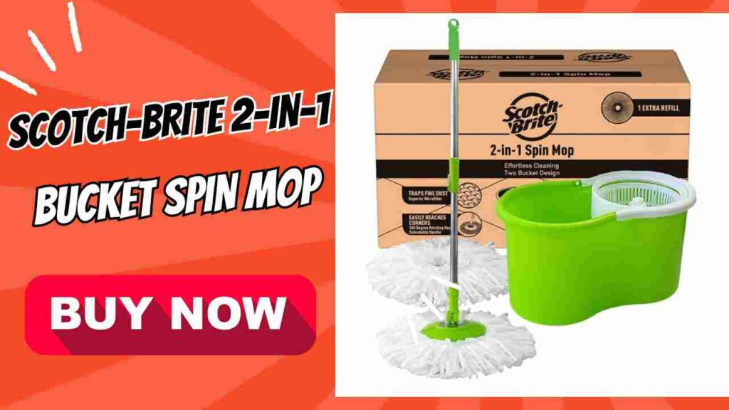 Shop the Scotch-Brite 2-in-1 Bucket Spin Mop with a twin bucket design, 2 microfiber refills, and a 360° telescopic handle. Perfect for easy wringing, rinsing, and cleaning nooks and corners