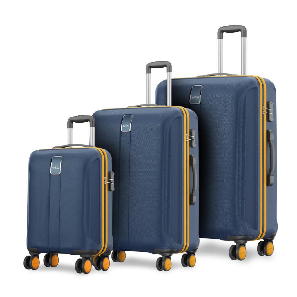 Discover Safari Thorium Neo 8-Wheel Trolley Bags in Graphite Blue. Lightweight, scratch-resistant polycarbonate with 360° wheeling, fixed combination lock, and a premium design. Perfect for all your travel needs!