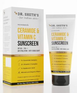 Protect your skin like never before with Dr. Sheth's Ceramide & Vitamin C Sunscreen! With SPF 50+ PA+++, this lightweight, non-greasy formula provides broad-spectrum protection against UV rays & blue light while hydrating and strengthening your skin barrier. No white cast, just a radiant glow!