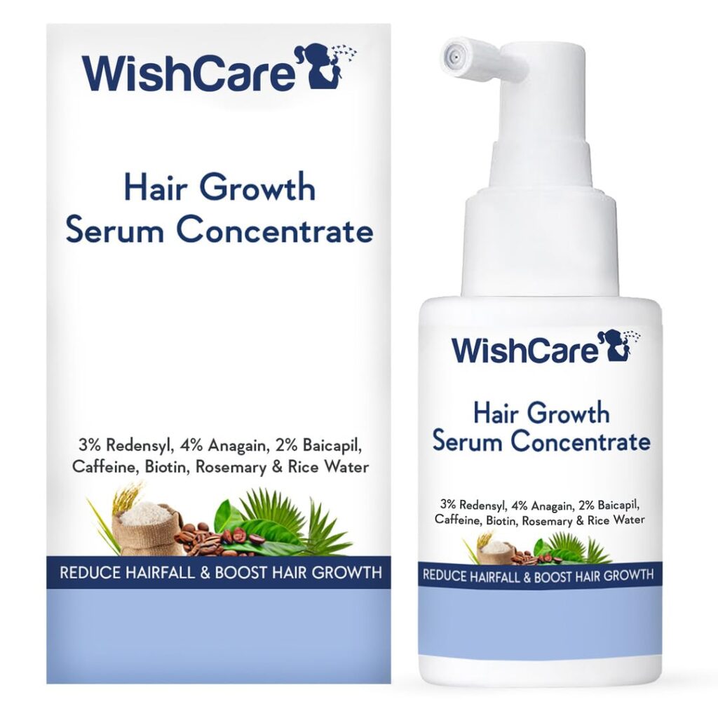 Struggling with hair fall and thinning hair? Discover the power of WishCare Hair Growth Serum with 3% Redensyl, 4% Anagain, 2% Baicapil, Caffeine, Biotin, and Rice Water for advanced hair growth and reduced hair fall.