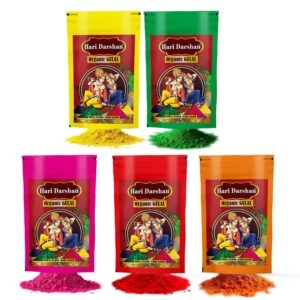 Hari Darshan Organic Gulal Combo (500g)-Pack of 5,100gm Each - Red | Green | Saffron Yellow | Pink | Eco Friendly Herbal Holi Colours | Safe for Skin and Kids | Non-Toxic Gulaal