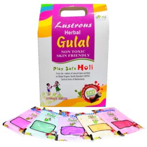 Vegetal Lustrous Natural Holi Colours Herbal Gulal; 400gm (80g.X5 Pouches)- Red, Pink, Green, Yellow, Blue