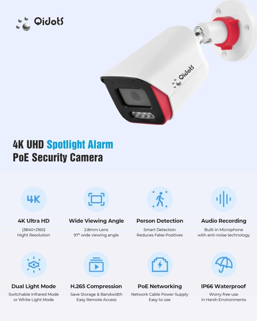 Secure your home with the QIDOTS 2 Camera CCTV Combo Set featuring 4K Ultra HD resolution, AI human detection, night vision, and a powerful 8-channel NVR. Plug-and-play setup, ideal for indoor and outdoor surveillance.