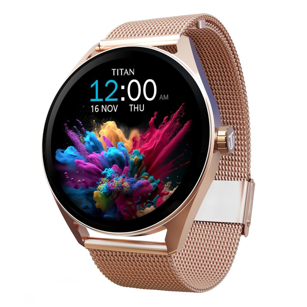 Experience style and smart tech with the Titan Crest AMOLED smartwatch. Track health, make calls, and shine in rose gold elegance.