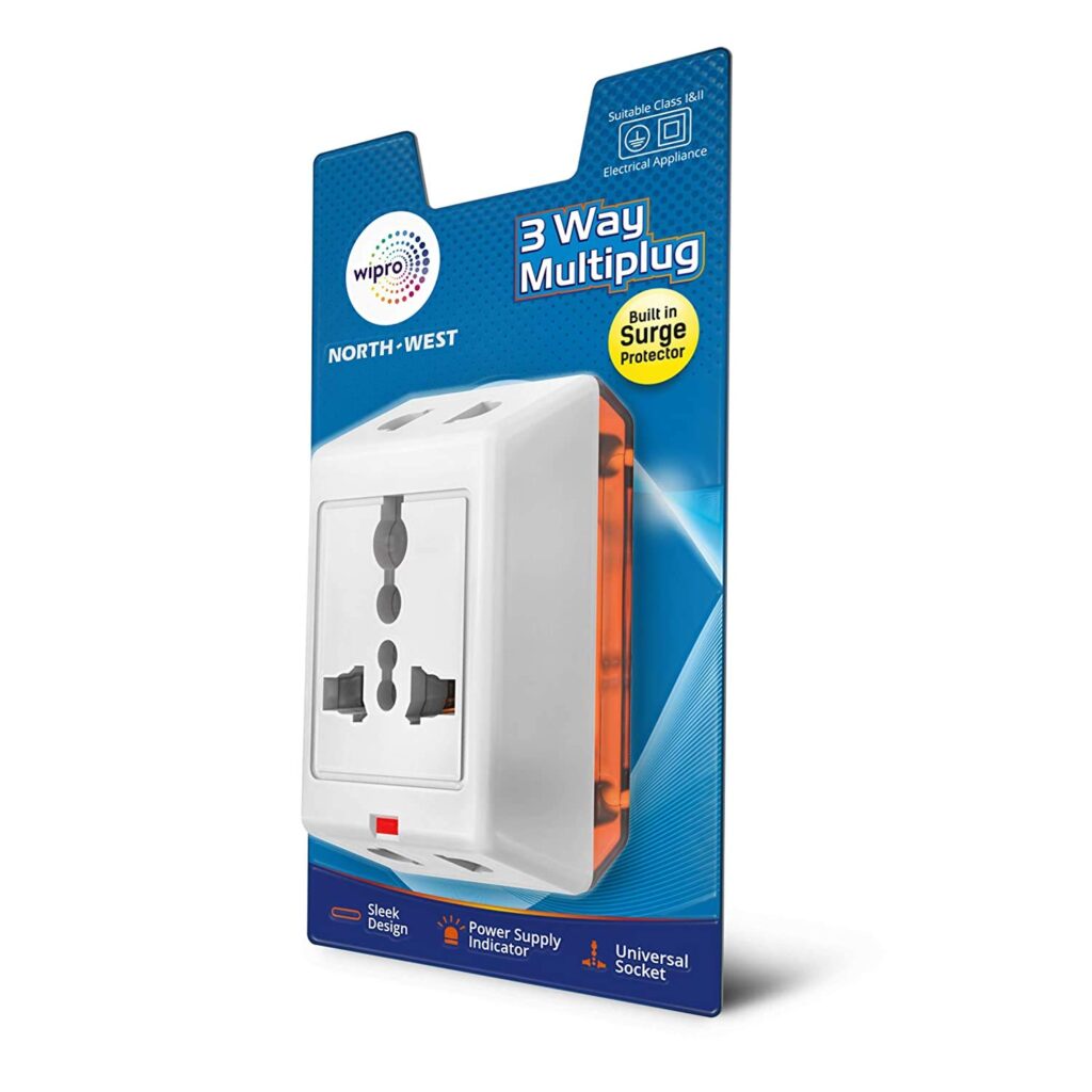 Power up smarter with the Wipro 3 way multiplug with built in Surge Protector – compact, reliable, and perfect for all your electronics in one place.