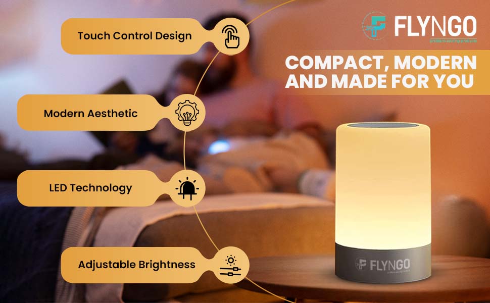 Upgrade your room with the FLYNGO Touch Control LED Night Lamp – featuring adjustable brightness, USB charging, and portable design. Ideal for bedrooms, living rooms, and gifting!