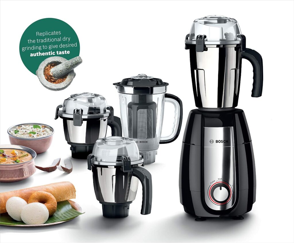 Experience raw power with the Bosch TrueMixx 1000W Mixer Grinder! PoundingBlade tech, hands-free operation & overload protection for perfect grinding.