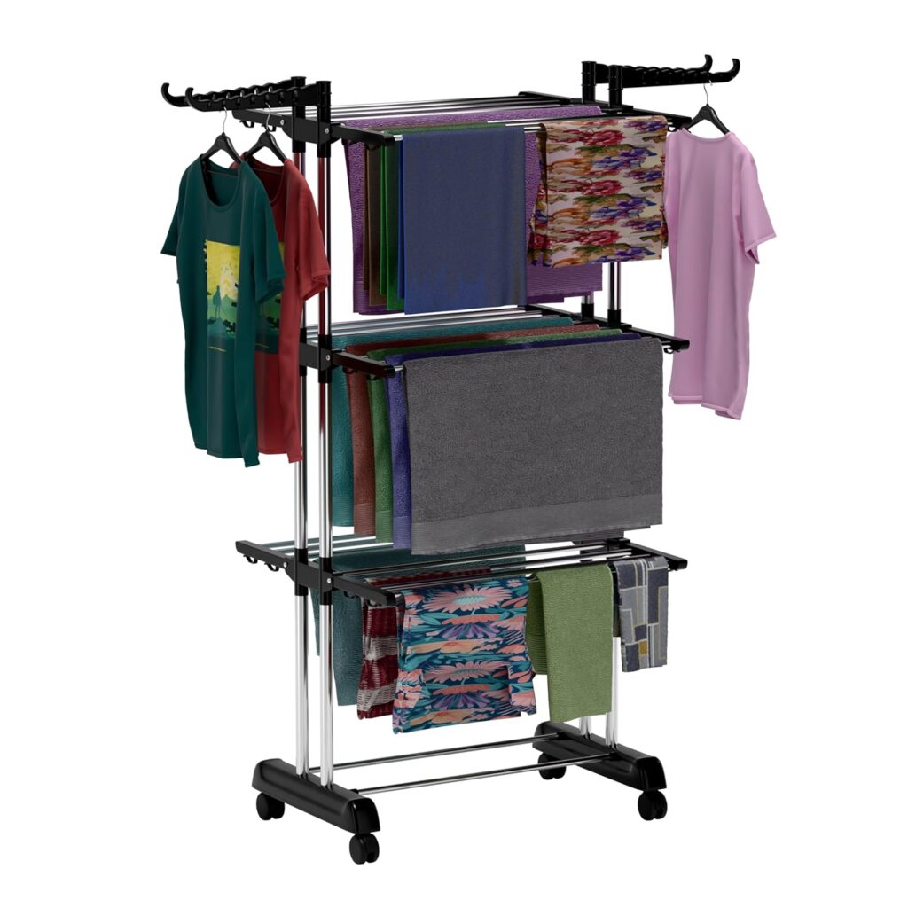 Discover the BrandFlex Foldable Stainless Steel Cloth Drying Stand (3-Tier) – a heavy-duty, rust-proof laundry rack with wheels, hanger slots, and space-saving design. Perfect for balcony, bedroom & bathroom use. Dry clothes smartly indoors & outdoors!