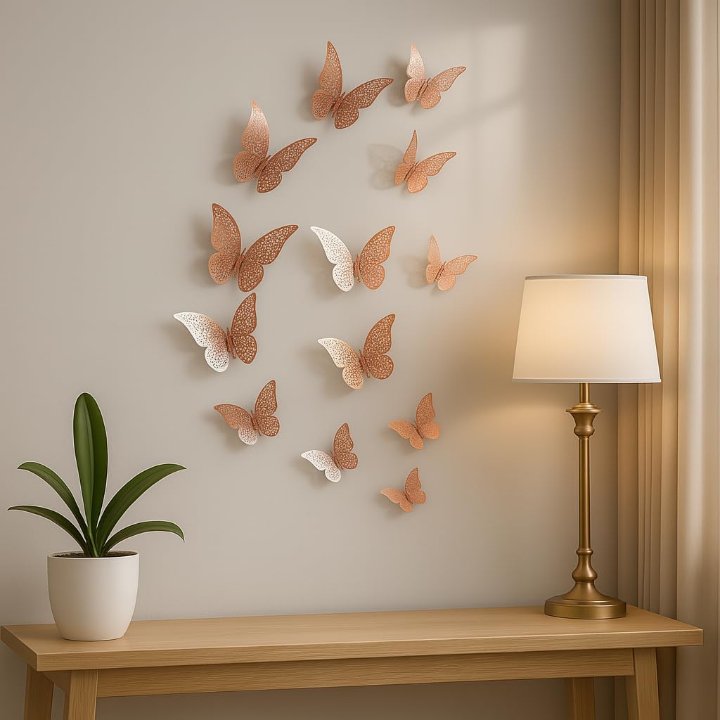 Add instant elegance to your space with Xtore® Rose Gold Home Decor 3D Butterfly Wall Stickers. A reusable set of 12 with sticking pads — perfect for walls, doors, laptops, and more. Make your home look magical today!Add instant elegance to your space with Xtore® Rose Gold Home Decor 3D Butterfly Wall Stickers. A reusable set of 12 with sticking pads — perfect for walls, doors, laptops, and more. Make your home look magical today!