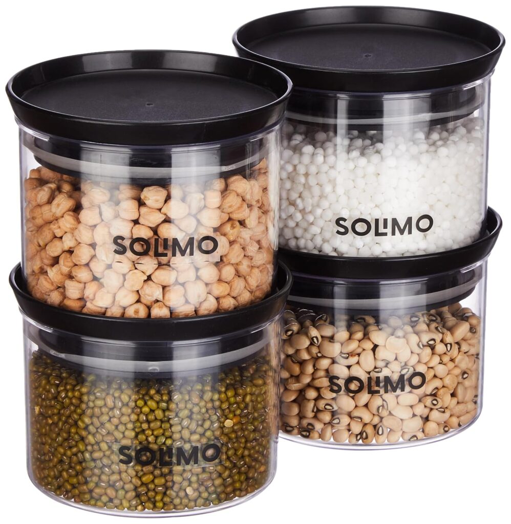 Upgrade your kitchen with Amazon Brand – Solimo Plastic Storage Jar Set (500 ml, Set of 4, Black). Airtight, BPA-free, durable, and stackable containers that keep food fresh and clutter-free. Perfect for rice, dal, pulses, snacks & more.