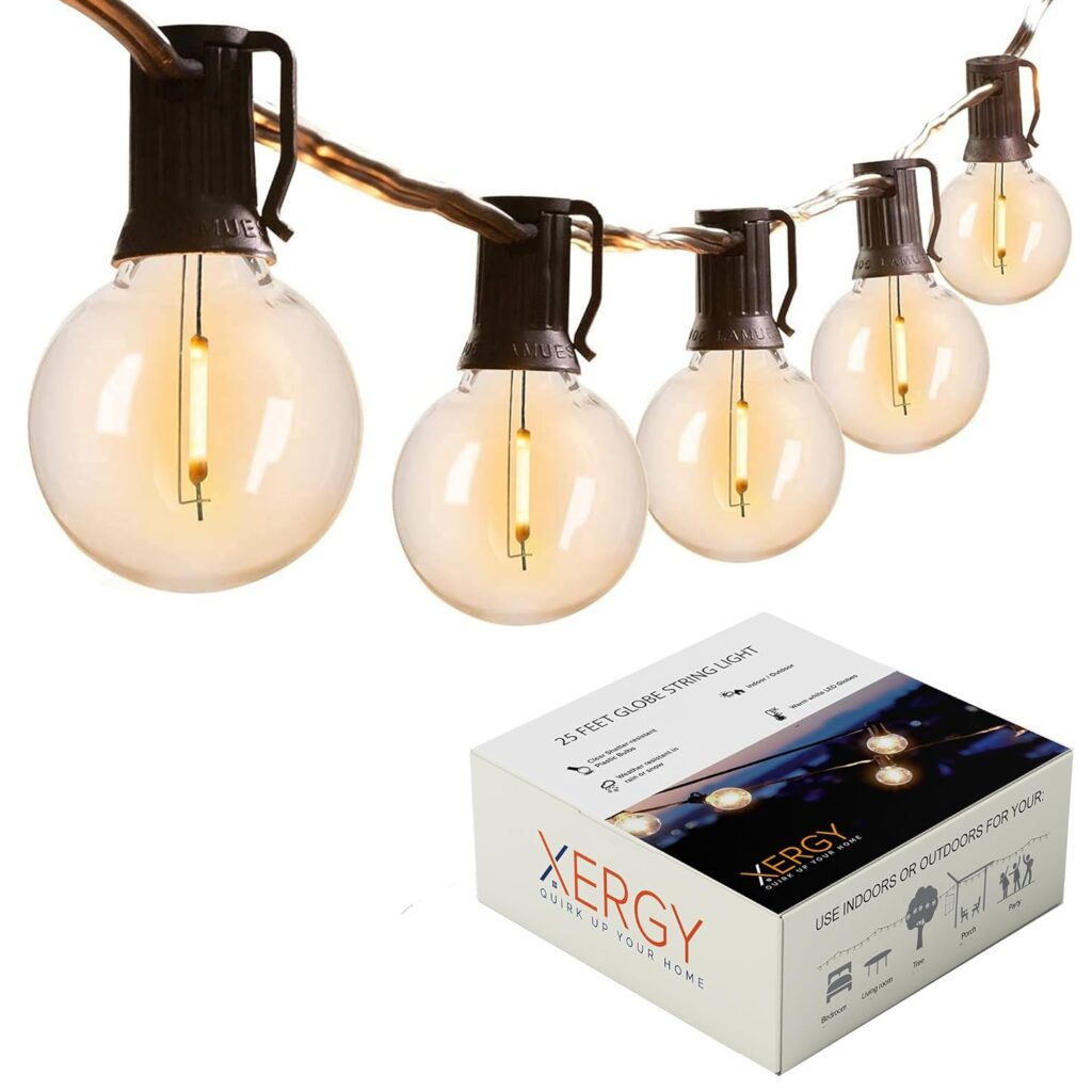 Light up your backyard, garden, or balcony with XERGY 25ft G40 Globe String Lights – waterproof, shatterproof & energy-saving. Perfect for parties & décor!