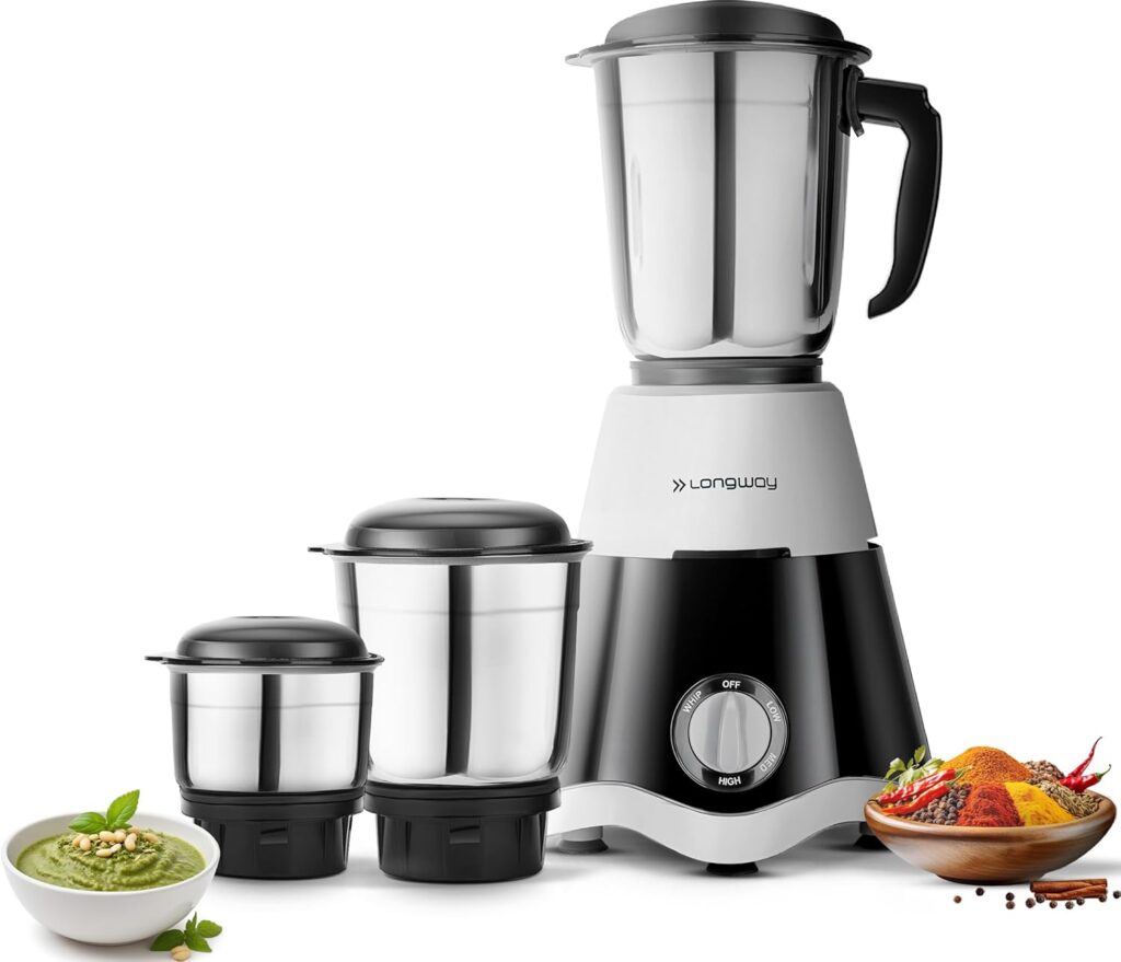 Discover the Longway Super Dlx 700 Watt Mixer Grinder with 3 jars—your perfect kitchen partner for grinding, mixing, and blending. Featuring a powerful 700W motor, auto shut-off, overload protection, and a sleek ABS rust-proof design. Upgrade your cooking experience today!