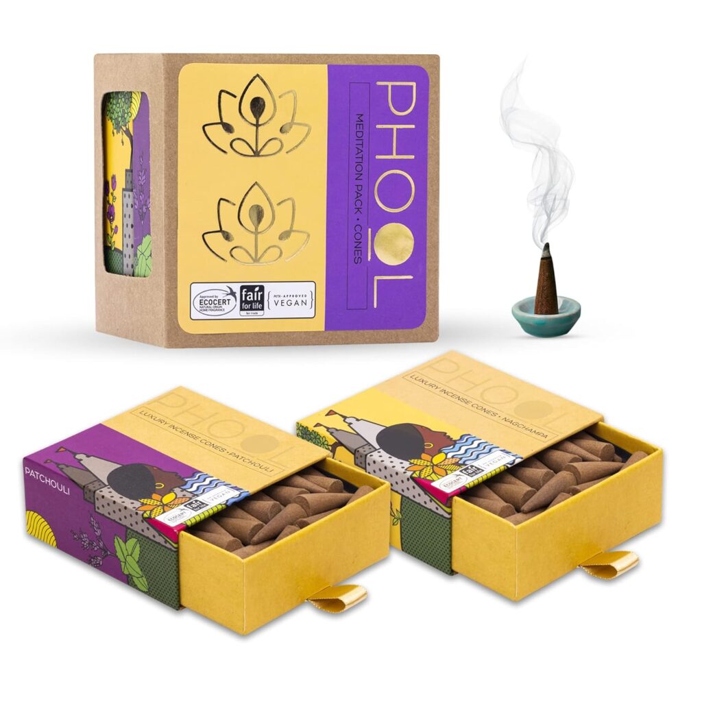 Discover PHOOL's charcoal-free luxury incense cones! 80 organic dhoop cones with Nagchampa & Patchouli fragrances to deepen meditation & reduce stress. Shop now!