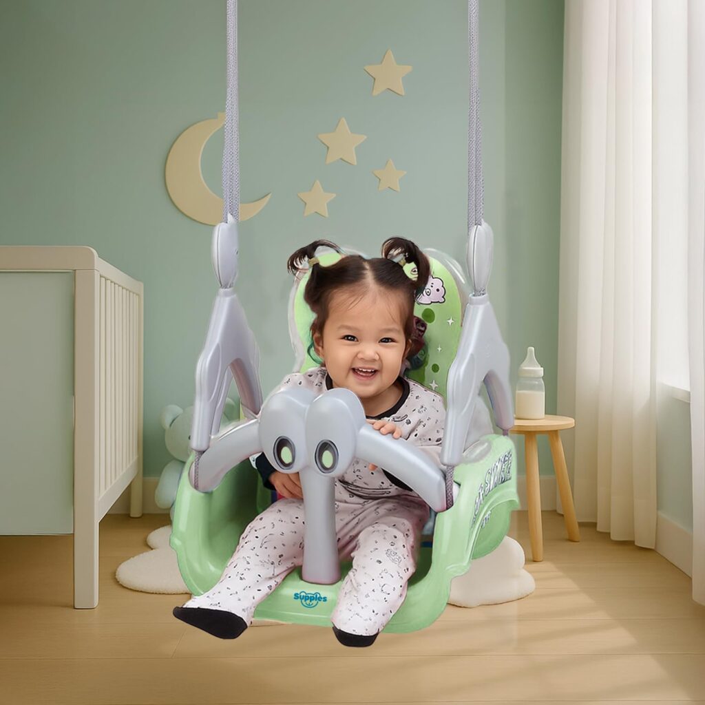 Discover the Supples Baby Swing for Kids (Green & Grey) – India’s #1 selling non-toxic plastic baby swing for ages 6 months to 4 years. Built with a safety belt, T-bar protection, and adjustable hanging ropes, it’s perfect for both indoor & outdoor fun. Give your little one comfort, safety, and endless joy — all in one swing!