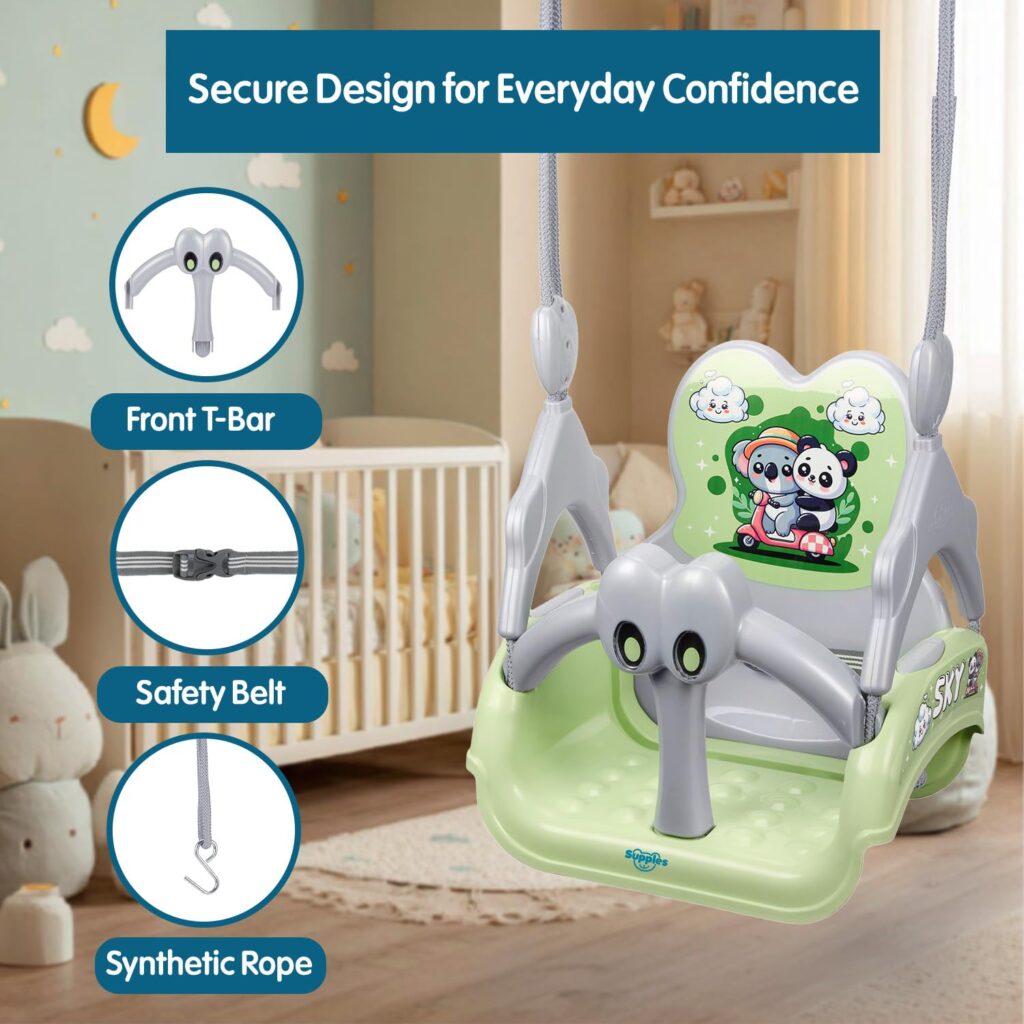 Discover the Supples Baby Swing for Kids (Green & Grey) – India’s #1 selling non-toxic plastic baby swing for ages 6 months to 4 years. Built with a safety belt, T-bar protection, and adjustable hanging ropes, it’s perfect for both indoor & outdoor fun. Give your little one comfort, safety, and endless joy — all in one swing!