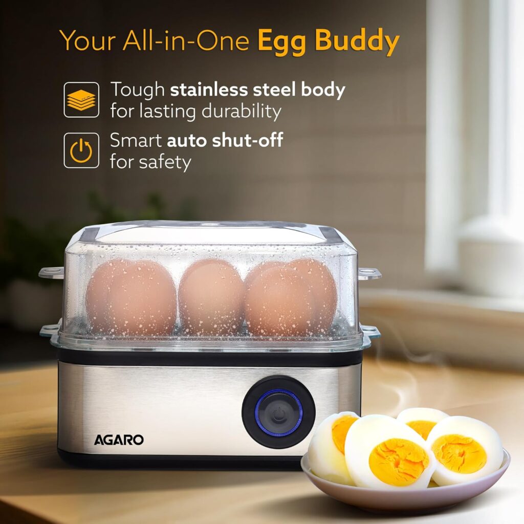Want perfectly boiled or poached eggs every time without gas or guesswork? The AGARO Grand Egg Boiler lets you boil 8 eggs, poach 4, steam veggies and choose soft, medium or hard texture with auto shut-off and stainless steel durability.