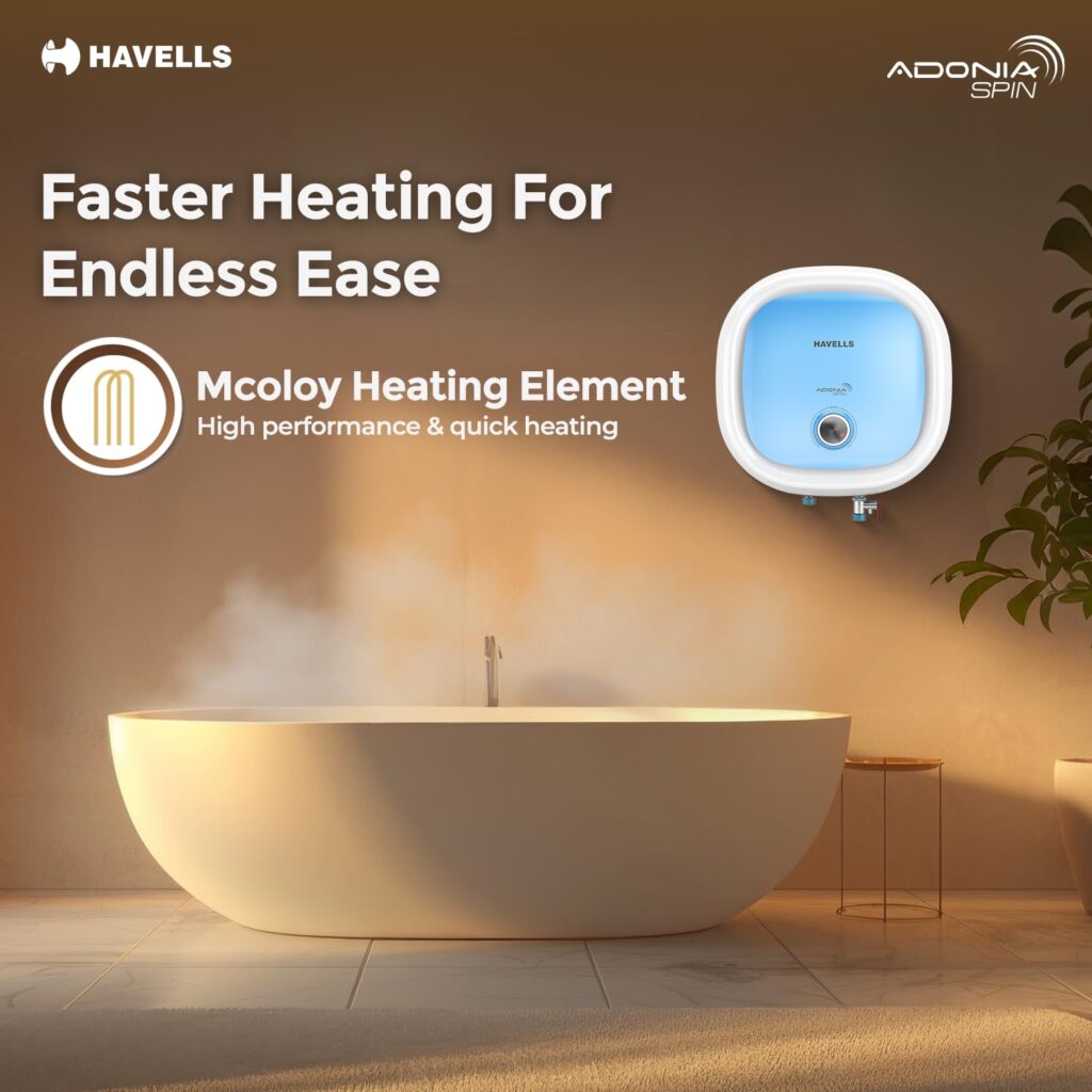 Discover the all-new Havells Adonia Spin 10L 5-Star Water Heater with Feroglas anti-rust tank, Incoloy heating element, and PUF insulation. Enjoy faster heating, high energy savings, and 7-year tank warranty — perfect for Indian homes and high-rise buildings. Find out why this geyser is a 2025 best-seller!