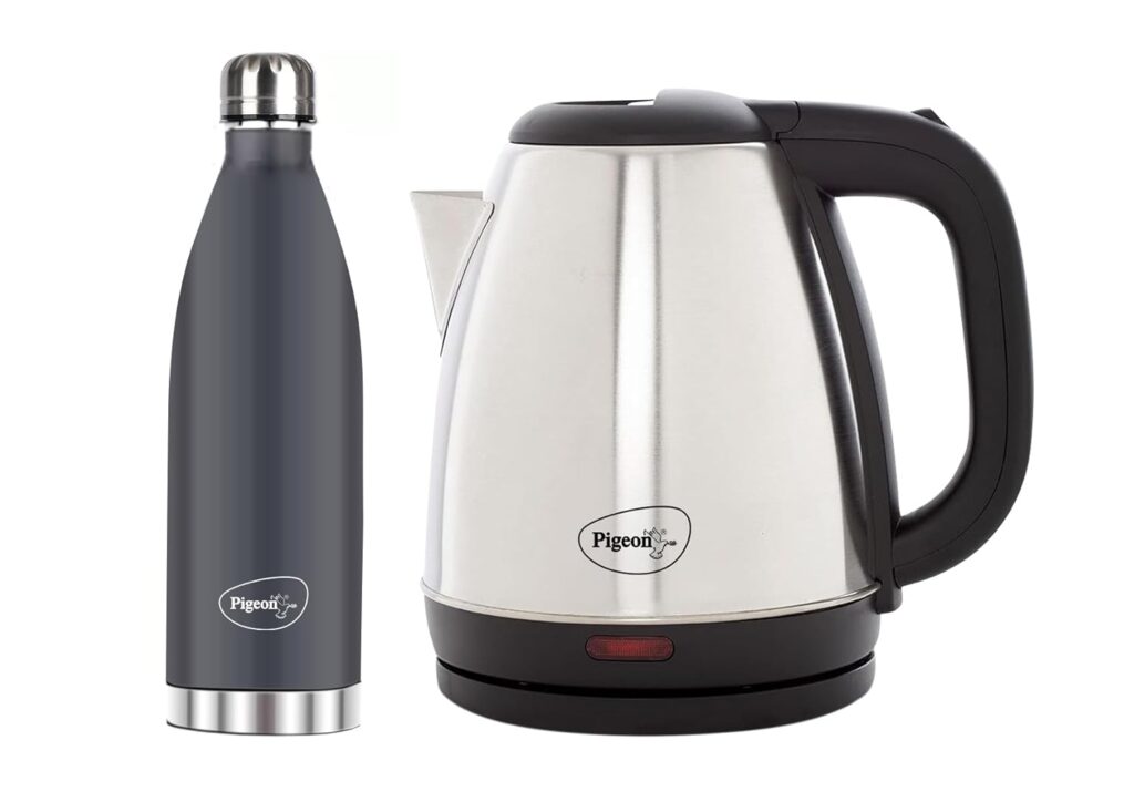 Upgrade your kitchen with the Pigeon 1.5L Electric Kettle & 1L Flask combo. Fast boiling, double-wall design, heat-resistant handle & travel-friendly. Buy now!