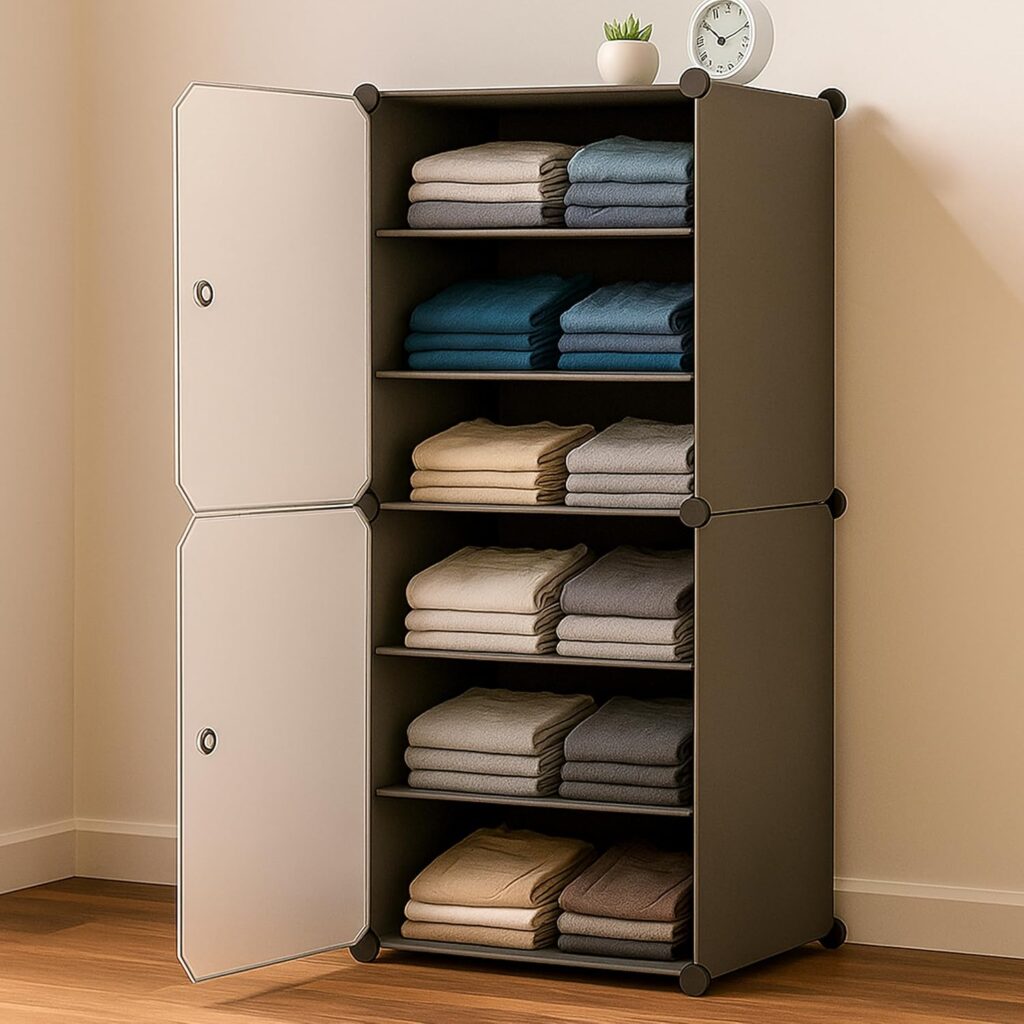Upgrade your storage with the AYSIS Portable Collapsible Wardrobe. Lightweight, modern, 6-shelf & 2-door design — perfect for bedrooms, living rooms, or laundry areas.