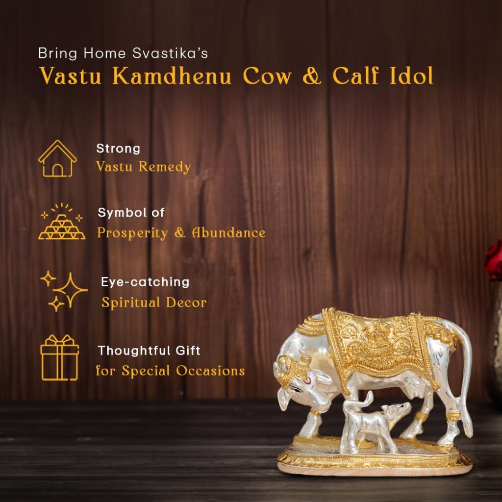 Discover the powerful Vastu Kamdhenu Cow with Calf Idol (24K Gold & 999 Silver Plated) known for attracting wealth, prosperity, and positive energy. A perfect Vastu correction remedy for financial problems and an ideal gift for weddings, housewarming, Diwali, and spiritual occasions.