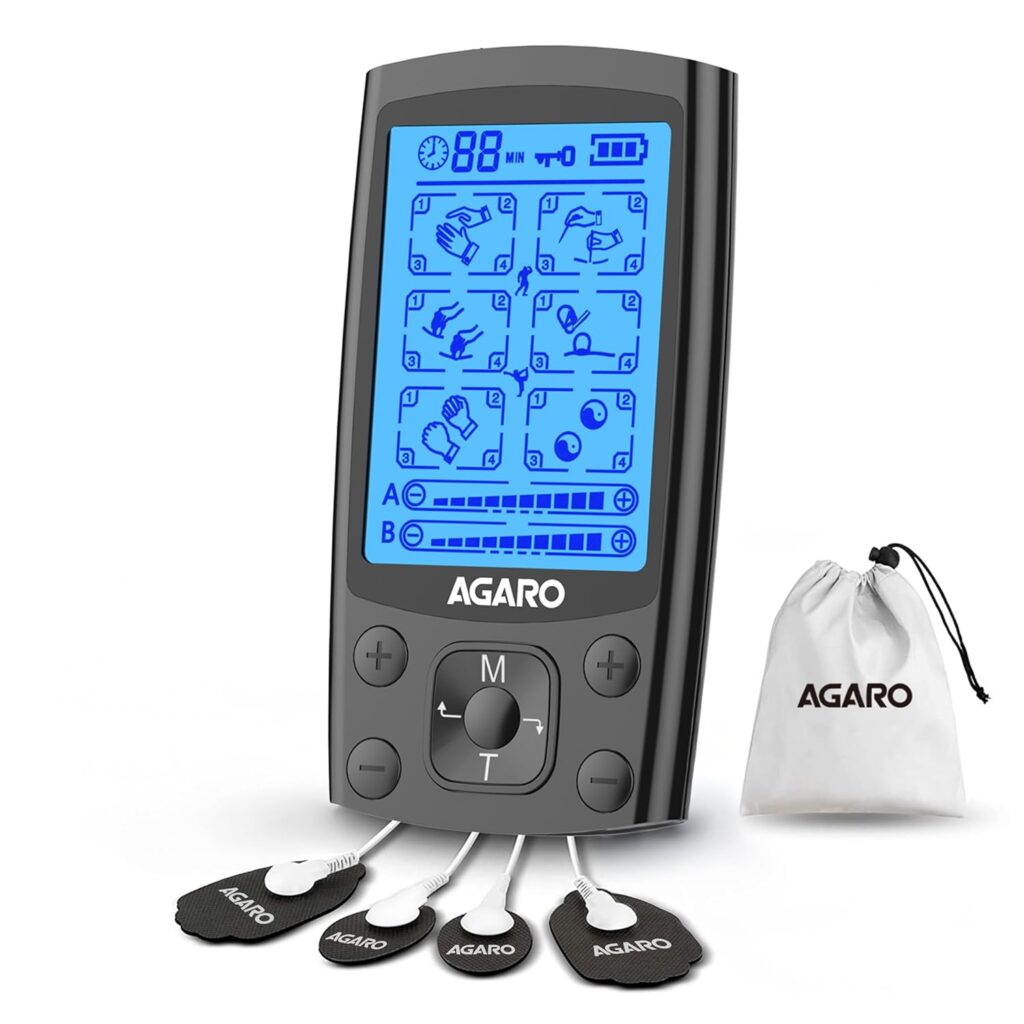 Relieve muscle pain, nerve tension, cramps, and stiffness with the AGARO Dual Channel TENS Massager. It offers 24 modes, 20 intensity levels, dual-channel therapy, rechargeable battery, and 10 reusable gel pads for physiotherapy at home.