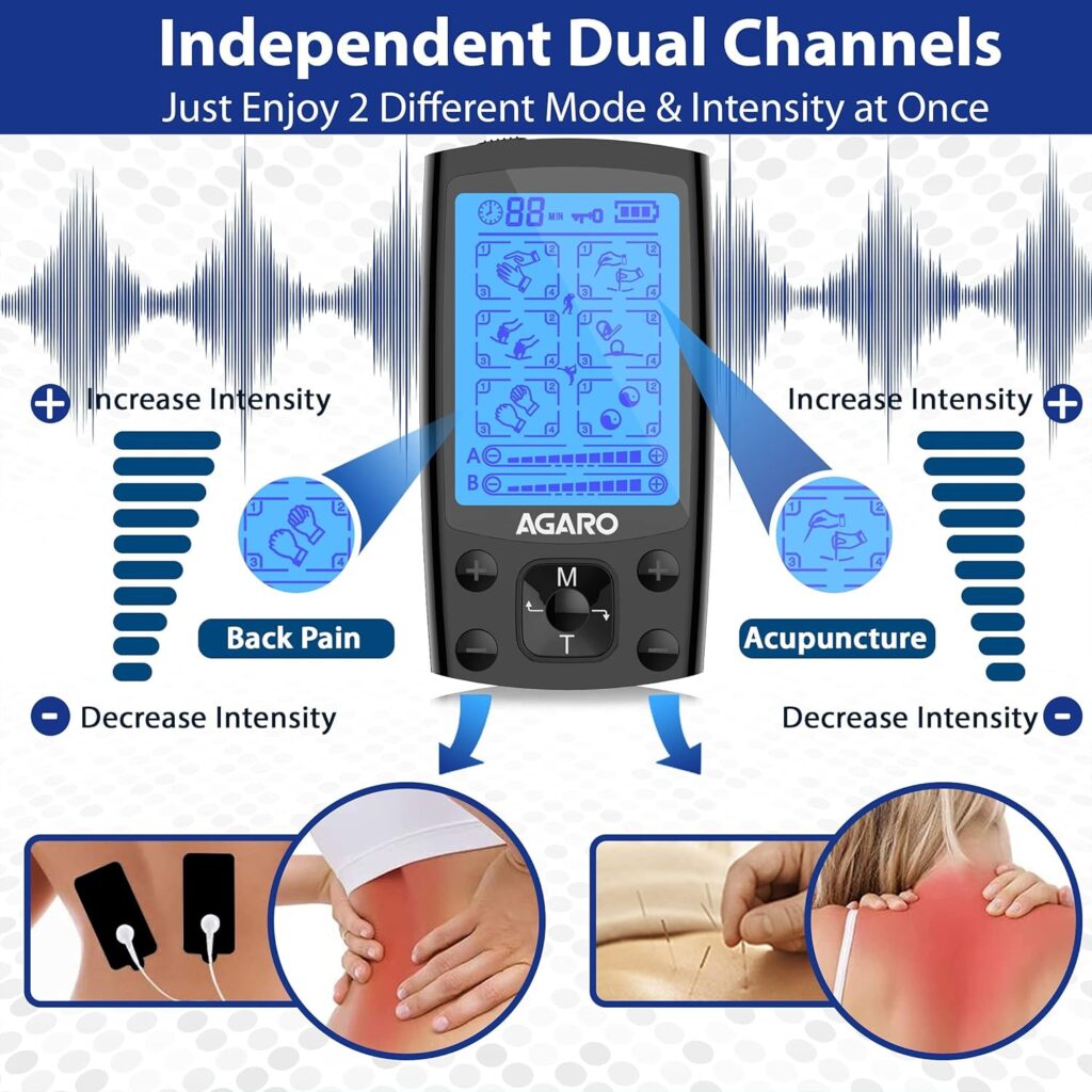 Relieve muscle pain, nerve tension, cramps, and stiffness with the AGARO Dual Channel TENS Massager. It offers 24 modes, 20 intensity levels, dual-channel therapy, rechargeable battery, and 10 reusable gel pads for physiotherapy at home.