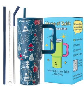 House of Quirk 1200ML Stainless Steel Tumbler with Handle & Lid, 2 Straws – Large Travel Mug Water Cup for Gym, Office & Outdoor Use (Merry Blue)