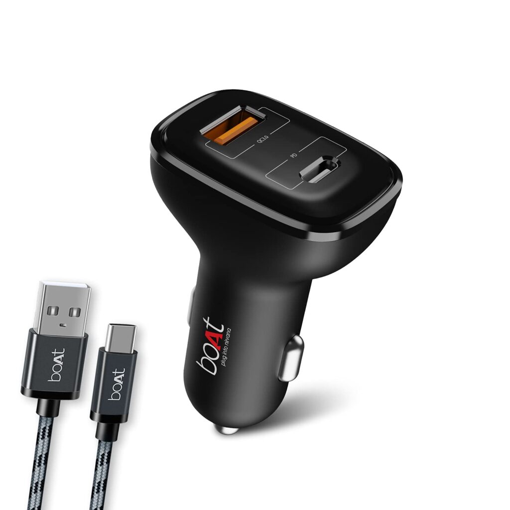 Charge two devices fast in your car with boAt Dual Port QC-PD 24W Fast Car Charger. PD & QC support, smart safety & free Type-C cable.