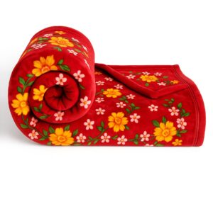 BSB HOME Premium Super Soft Cloudy Printed Double Bed Mink Blanket for Mild Winter/Heavy Winter, Ultrasoft & Cozy Single Ply Blanket | | 220 x 228 Cm (Crimson & Yellow Floral Pink, Weight-1500 Grams)