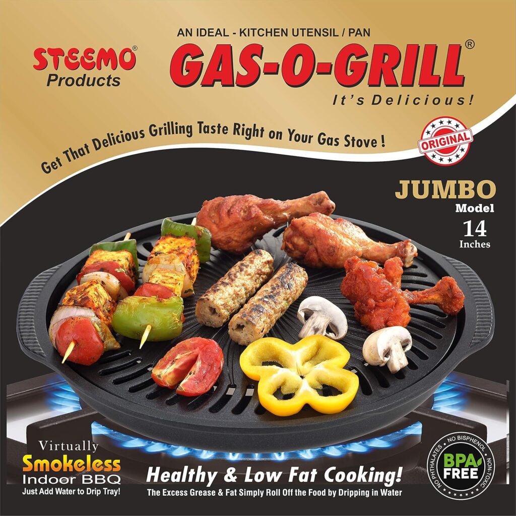 Enjoy smokeless indoor BBQ with Gas O Grill jumbo 14-inch tandoor. Healthy, non-stick, gas & electric compatible cooking made easy.