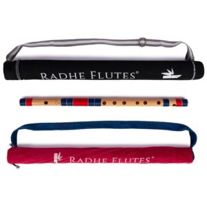 Radhe Flutes | PROFESSIONAL Bamboo Bansuri | C Natural | Right Handed | Middle Octave | With Hard Cover | Velvet Cover & Paper Tube | Dark Blue & Red | Hand Crafted by Tej Sharma