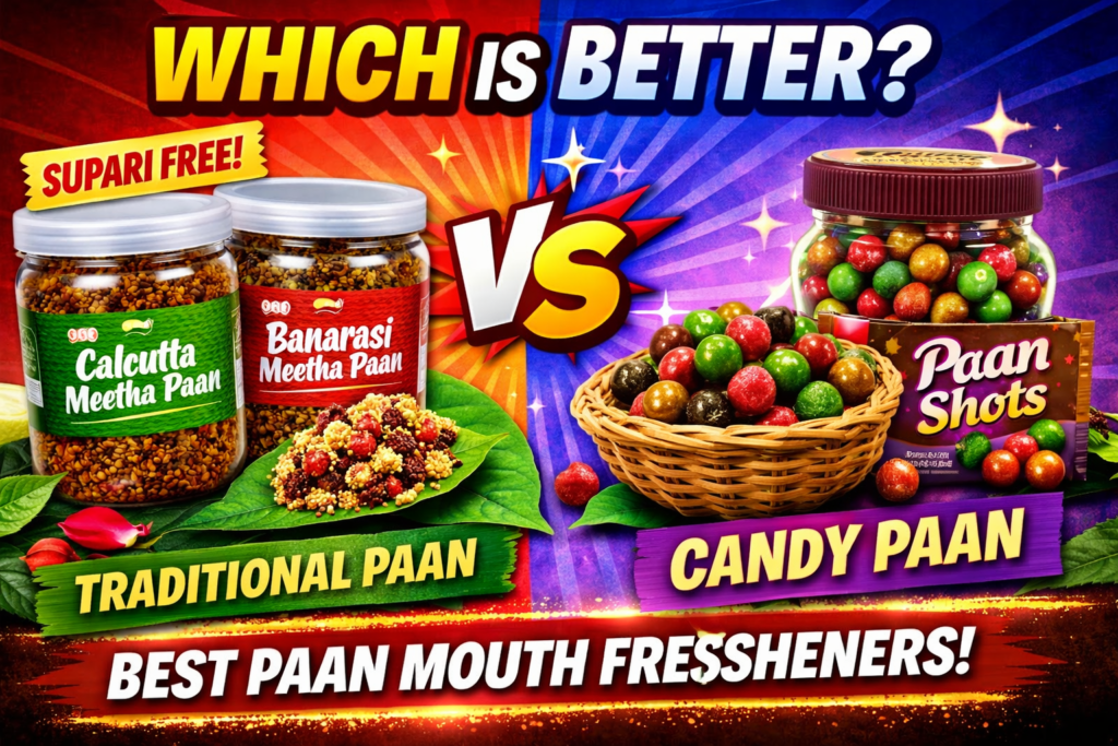Discover the best paan mouth fresheners in India – Delight Foods Calcutta & Banarasi Meetha Paan and Mr. Merchant Paan Shots. Supari-free, refreshing, delicious and perfect after meals.