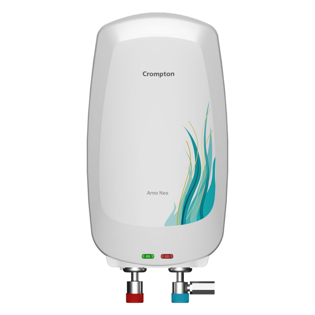 Crompton Arno Neo 3L instant water heater with 3000W fast heating, food grade tank, rust proof body & 3-level safety. Ideal for kitchen use.