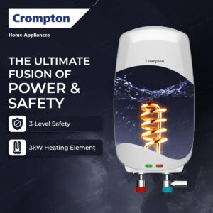 Crompton Arno Neo 3L instant water heater with 3000W fast heating, food grade tank, rust proof body & 3-level safety. Ideal for kitchen use.