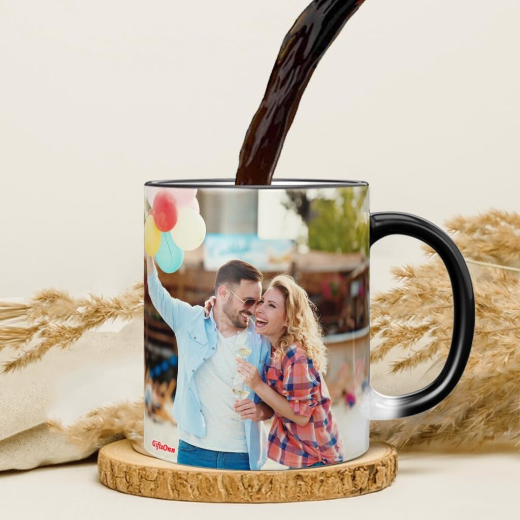 Create memories with this personalized heat-sensitive magic mug. Add photo, name & quote. Perfect gift for birthday, anniversary & Valentine’s Day.