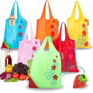 Oytra Foldable Shopping Bag Set of 6 Reusable Carry Strawberry Theme Expandable Portable Grocery Multipurpose Tote Pouch Women Return Gift Bulk