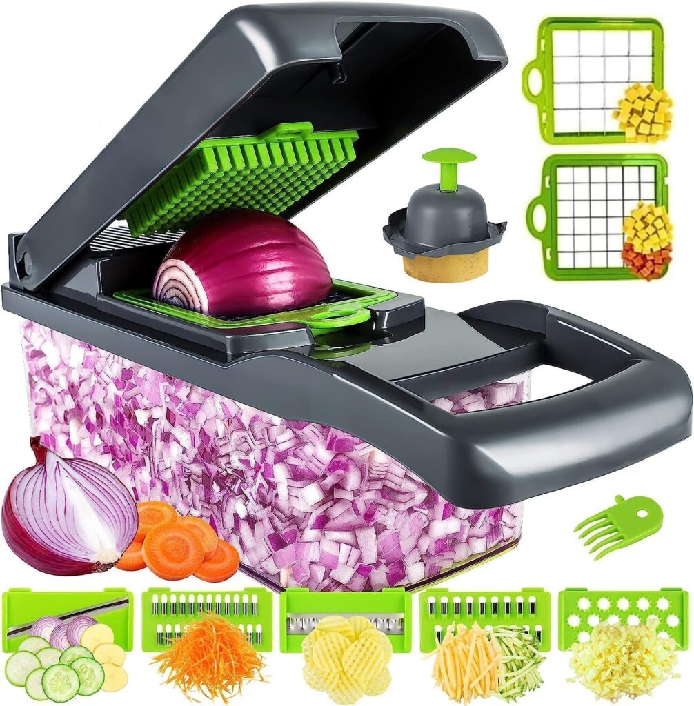 Discover the KRIDHA CREATION 14-in-1 Food Chopper with interchangeable blades. Chop, slice, dice, and spiralize vegetables in seconds. Perfect for fast and easy meal prep.