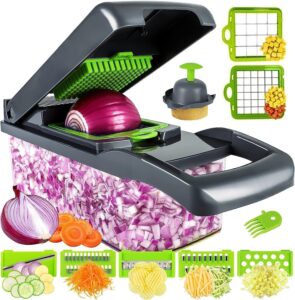 Discover the KRIDHA CREATION 14-in-1 Food Chopper with interchangeable blades. Chop, slice, dice, and spiralize vegetables in seconds. Perfect for fast and easy meal prep.