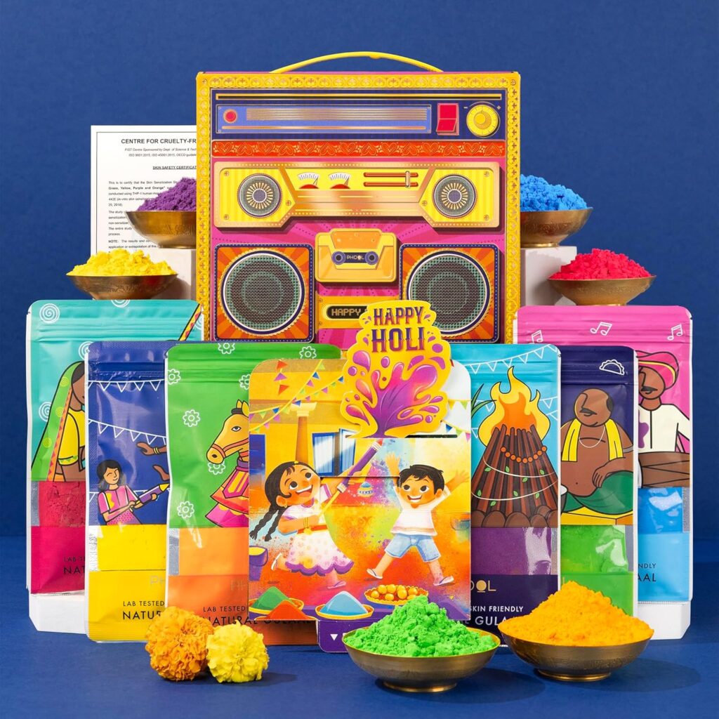 Celebrate Holi with Phool’s 6 Pack Boombox Party Gulal (450g). Herbal, organic & skin-safe colours in Pink, Blue, Green, Yellow, Orange & Purple. Silky-soft texture with safety certificate – perfect for kids & family Holi fun!
