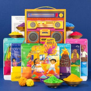 Celebrate Holi with Phool’s 6 Pack Boombox Party Gulal (450g). Herbal, organic & skin-safe colours in Pink, Blue, Green, Yellow, Orange & Purple. Silky-soft texture with safety certificate – perfect for kids & family Holi fun!