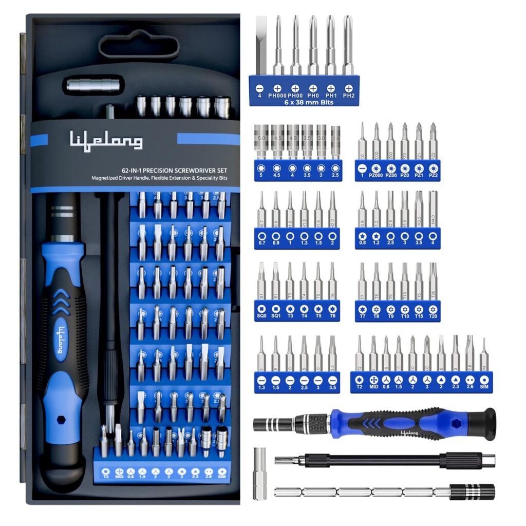 Repair mobiles, laptops, watches & electronics easily with Lifelong 62 in 1 magnetic precision screwdriver set with flexible shaft & 58 bits.