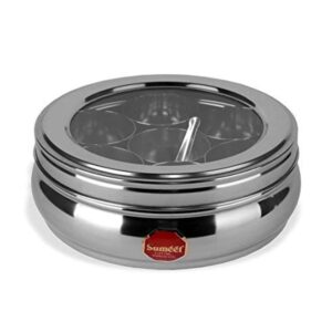 Looking for the best spice organizer? Read this detailed review of the Sumeet Stainless Steel Belly Shape Masala (Spice) Box with 7 containers, see-through lid, and spoon. Durable, rust-proof, and dishwasher safe!