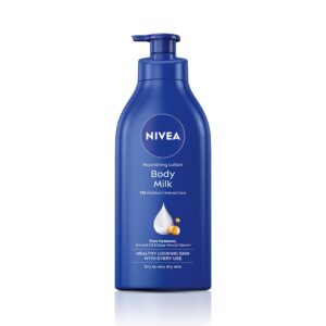 Get 72Hr deep hydration with NIVEA Nourishing Body Milk 600ml. Enriched with Almond Oil & Hyaluronic Acid for smooth, soft & healthy-looking skin.