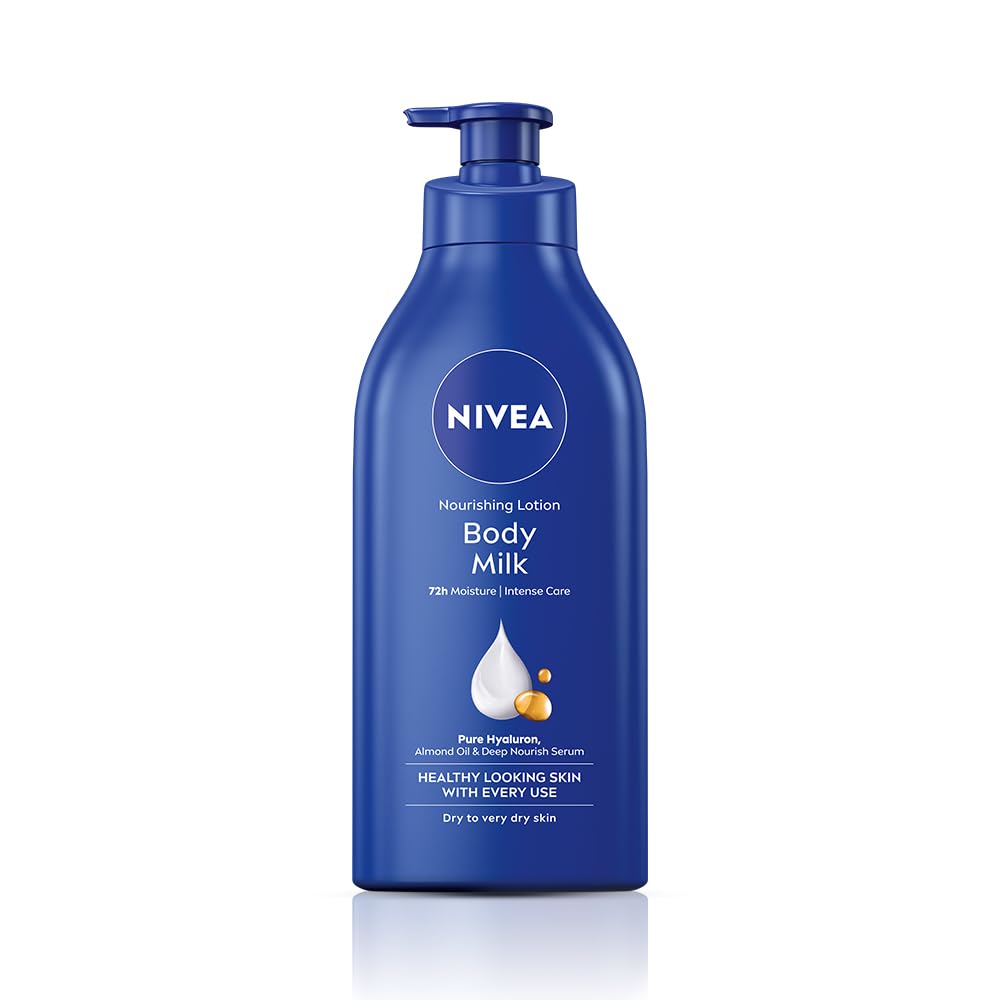 Get 72Hr deep hydration with NIVEA Nourishing Body Milk 600ml. Enriched with Almond Oil & Hyaluronic Acid for smooth, soft & healthy-looking skin.