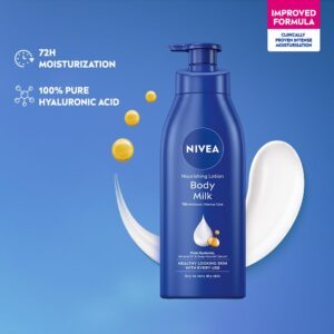 Get 72Hr deep hydration with NIVEA Nourishing Body Milk 600ml. Enriched with Almond Oil & Hyaluronic Acid for smooth, soft & healthy-looking skin.