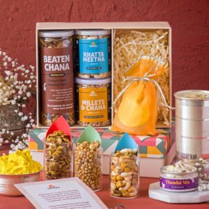 Celebrate Holi with Omay Foods Holi Celebrations Box – a premium healthy gift hamper with herbal gulal, refreshing thandai, roasted snacks & greeting card. Perfect corporate Holi gift for clients & employees.