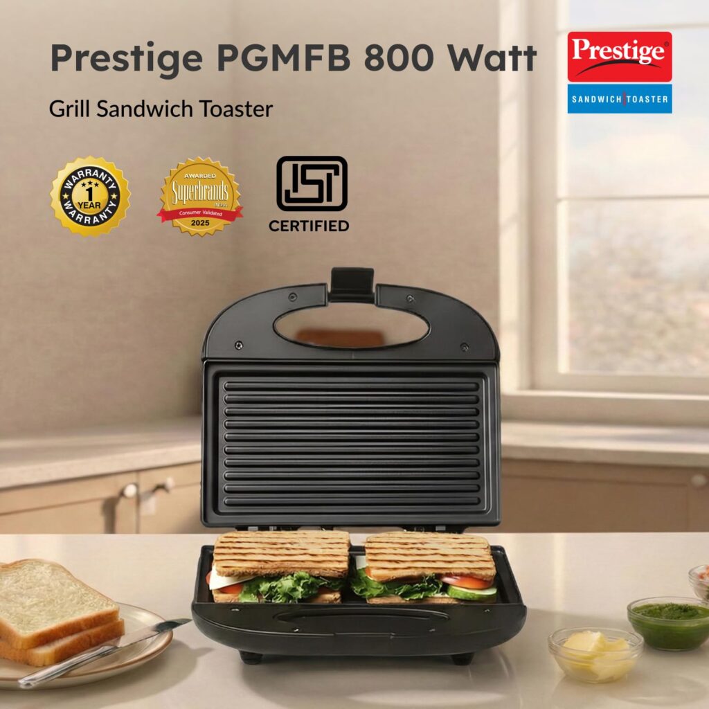 Looking for a powerful and easy-to-clean sandwich maker? Read this detailed review of the Prestige PGMFB 800 Watt Grill Sandwich Toaster with non-stick plates, auto cut-off, and 1-year warranty.
