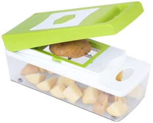 Save time in the kitchen with Amazon Brand Solimo 15-in-1 Vegetable & Fruit Chopper. Chop, slice, dice, grate & shred effortlessly with stainless steel blades.