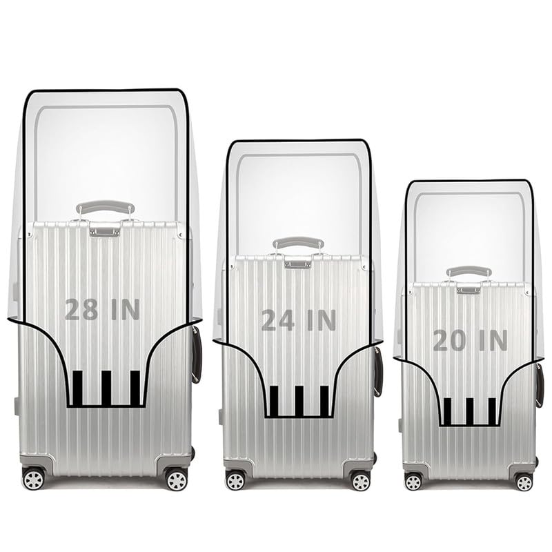 Protect your suitcase from rain, dust and scratches with this waterproof trolley bag cover set of 3. Transparent PVC design fits 20, 24 & 28 inch luggage.