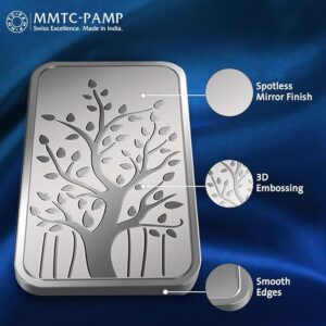 Buy 100gm 999.9+ purity silver bar from MMTC-PAMP. Swiss crafted, LBMA & BIS certified, perfect for investment, gifting, and long-term wealth security. Trusted & premium quality silver.